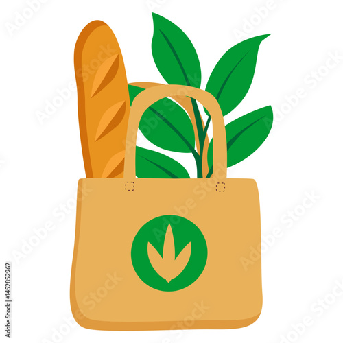 Eco Bag with Bread and Green Leaves