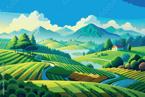 tea plantations on rolling hills, surrounded by lush greenery and misty mountains, creating a peaceful rural atmosphere