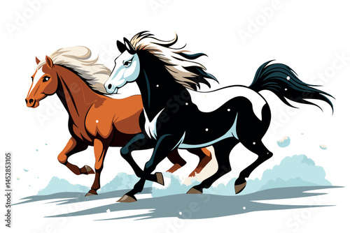 Wild running horses galloping through the snow covered terrain, illustrating strength and freedom in a vibrant winter scene