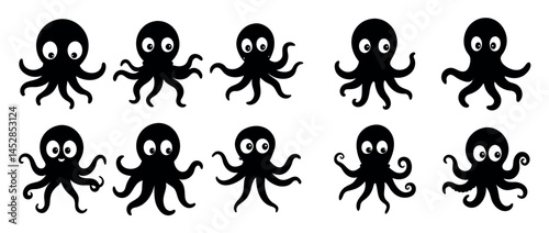 Black Silhouette Octopuses Pattern on White Background, illustration vector set of Cartoon Octopus Silhouettes,  octopus, cartoon, silhouette, line art design Octopus, animal, Black Silhouette Octopus