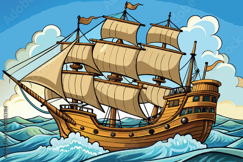 sailing ship cruising through turbulent waves with detailed sails and wooden structure, capturing the spirit of adventure and exploration