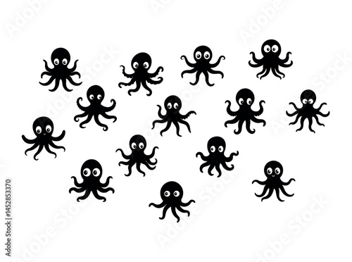 Black Silhouette Octopuses Pattern on White Background, illustration vector set of Cartoon Octopus Silhouettes,  octopus, cartoon, silhouette, line art design Octopus, animal, Black Silhouette Octopus