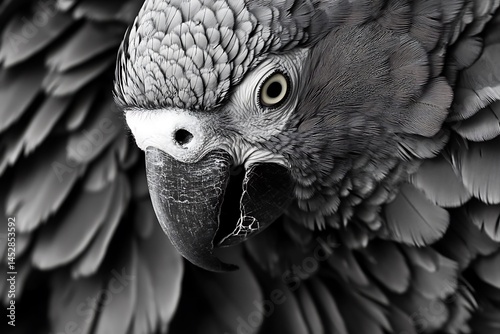 gaze Grey Parrot close up with textured feathers and smart African