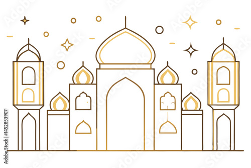 Islamic mosque with domes, towers, and celestial elements creating a serene and spiritual atmosphere