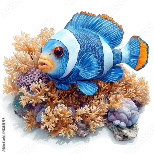watercolor of Clownfish Swimming Among Coral, vector, isolated on a white background.