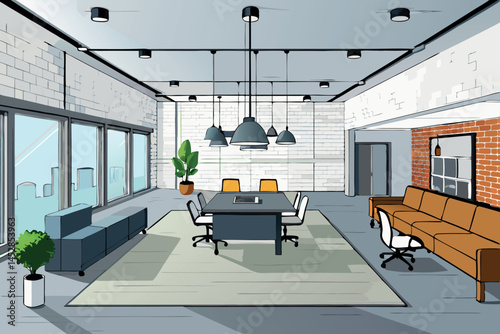 office interior with white brick walls, contemporary furniture, and large windows offering a stylish, bright workspace environment