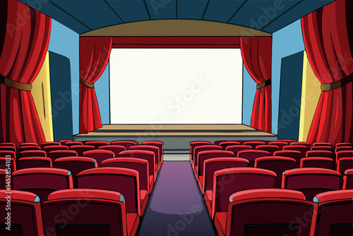 Interior view of a movie theater with empty red velvet seats, red curtains, and a blank screen, creating a cinematic atmosphere
