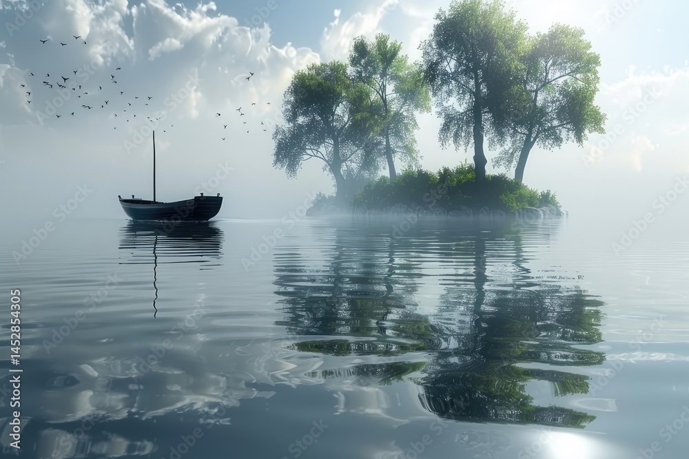 A serene image showing a boat near an island and trees A serene image showing a boat near an island and trees