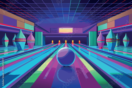 Futuristic neon bowling alley with bright colorful lights and long exposure, creating an energetic and dynamic atmosphere perfect for nightlife