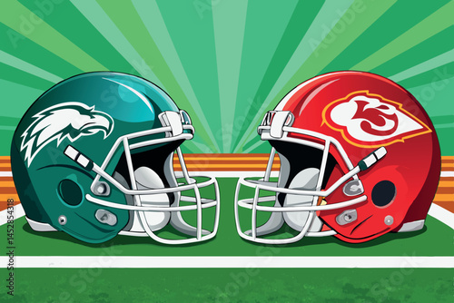 Football helmets representing the Kansas City Chiefs and Philadelphia Eagles, with vibrant colors and detailed logos on a football field