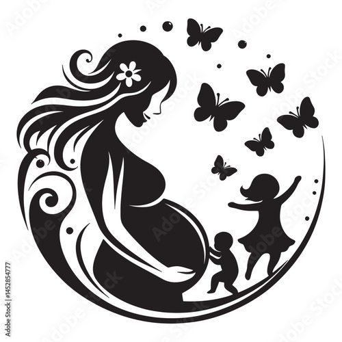 Pregnancy silhouette with children and butterflies for baby shower or nursery art design concept, mothers day