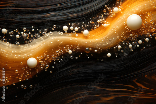 Abstract representation of fragrance molecule, geometric translucent spheres on wood texture