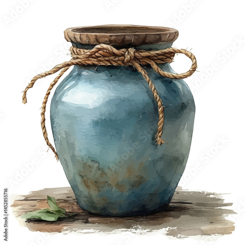 illustration of Clay Pot Wrapped In Rope For Decoration, watercolor vector, isolated on a white background.
