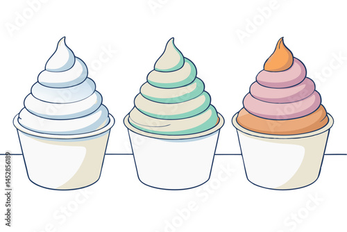 Pastel soft serve ice cream swirls in white paper cups, offering a sweet and cool dessert, ideal for a summer treat or indulgent snack
