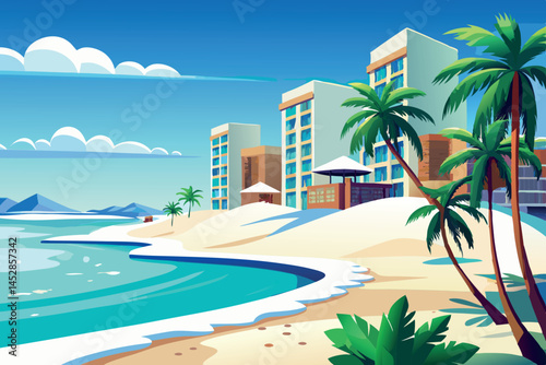 Palm trees on snowy dunes by the beach, a stunning and unique tropical winter scene with sandy shores and snowy elements