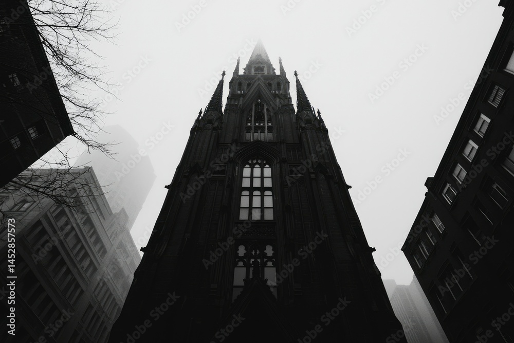 Obraz premium Gothic style spire reaching to sky with tall windows. Monochrome cityscape, moody atmosphere