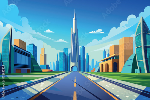 Futuristic urban skyline with towering skyscrapers and a modern cityscape under a clear blue sky showcasing architectural innovation