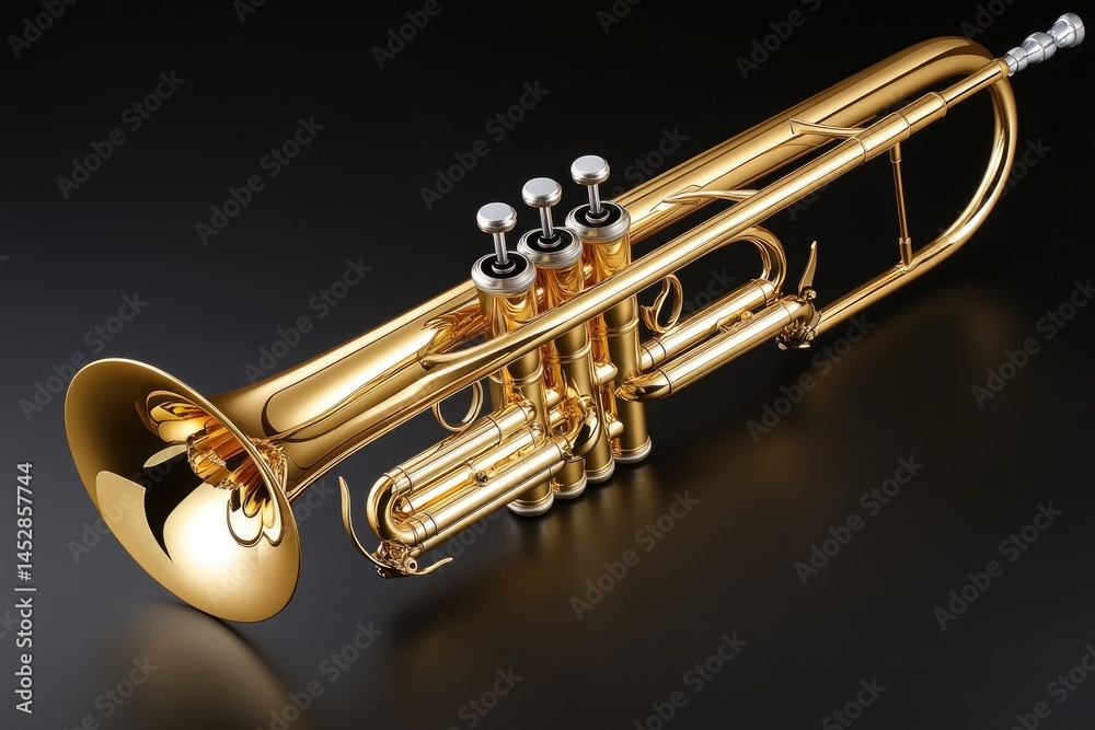 Obraz premium A shiny golden trumpet lays against a dark background