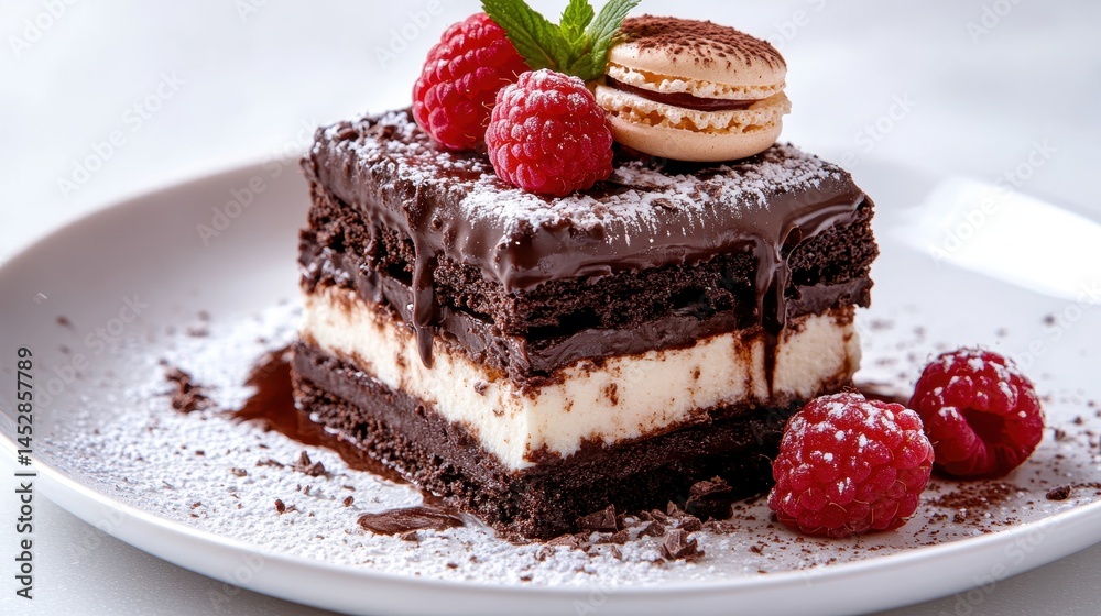 This decadent chocolate layered cake, adorned with fresh raspberries and macarons, showcases culinary artistry that delights the senses with its rich textures and flavors. This decadent chocolate layered cake, adorned with fresh raspberries and macarons, showcases culinary artistry that delights the senses with its rich textures and flavors.