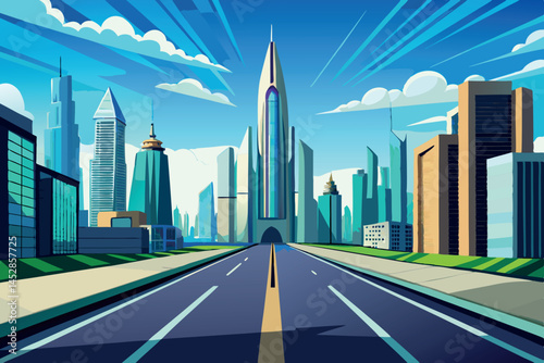 Modern cityscape with futuristic high rise buildings and a vibrant skyline, featuring a road leading to towering skyscrapers under a bright sky