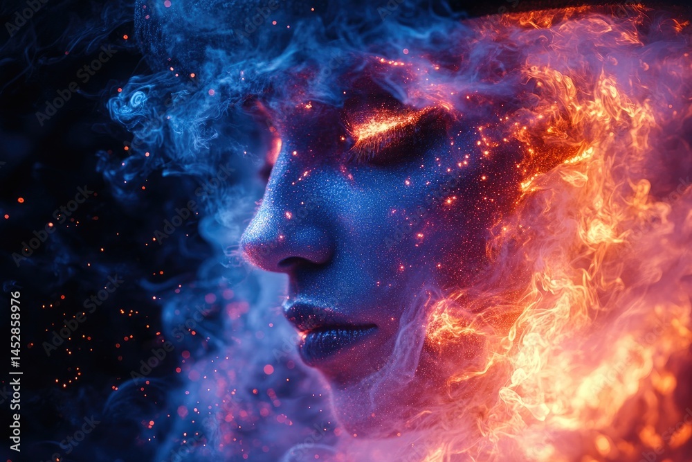 A side profile portrait of a face surrounded by fire and smoke A side profile portrait of a face surrounded by fire and smoke