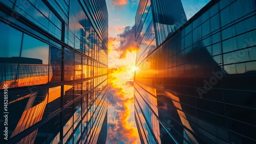 Dramatic urban sunrise reflecting on modern skyscraper facades