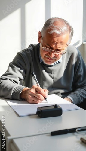 Elderly writer at desk writing notes in a bright room  