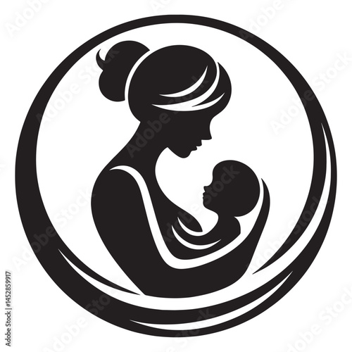Mother and baby silhouette illustration for motherhood love and care logo design template concept, mothers day
