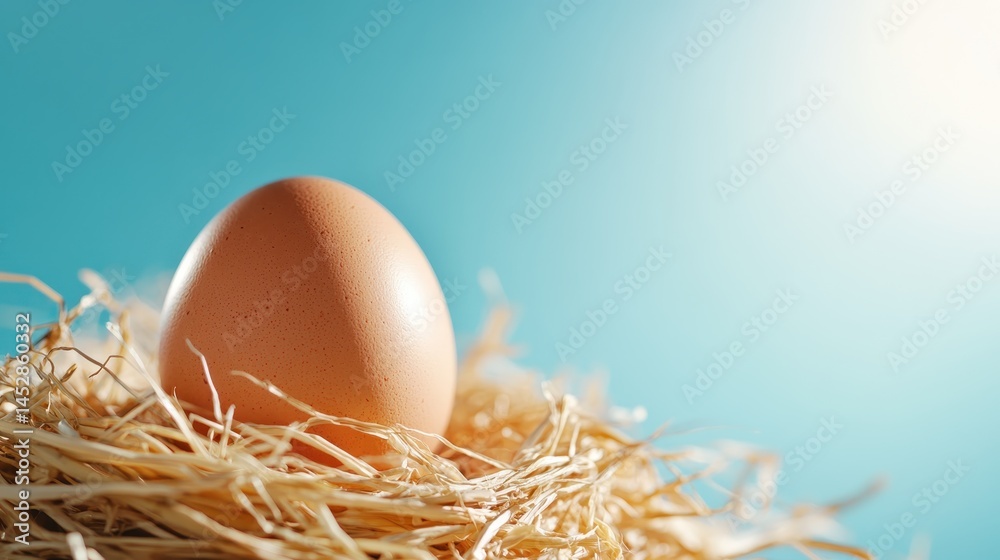 A solitary egg rests gently in a bed of straw, contrasting against a soft blue background, evoking feelings of warmth, simplicity, and the essence of new beginnings. A solitary egg rests gently in a bed of straw, contrasting against a soft blue background, evoking feelings of warmth, simplicity, and the essence of new beginnings.