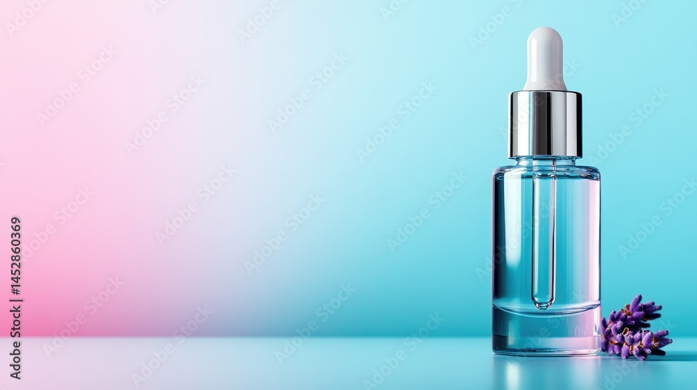 A sleek glass bottle with a dropper is elegantly placed against a soft gradient background in pink and blue, symbolizing beauty, skincare, and innovation in modern aesthetics. A sleek glass bottle with a dropper is elegantly placed against a soft gradient background in pink and blue, symbolizing beauty, skincare, and innovation in modern aesthetics.