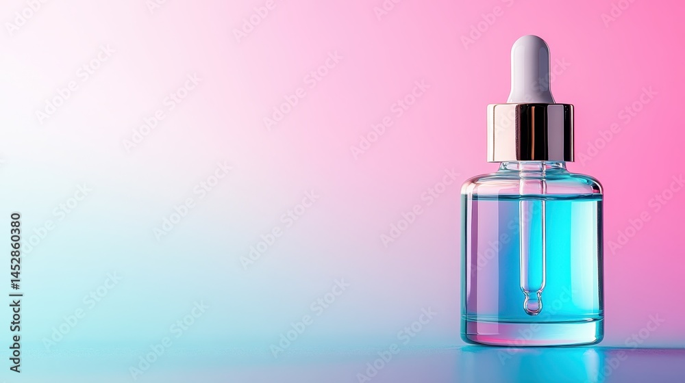This image captures a stylish glass dropper bottle surrounded by a mesmerizing gradient of pink and blue, symbolizing modernity and elegance in the beauty and skincare industry. This image captures a stylish glass dropper bottle surrounded by a mesmerizing gradient of pink and blue, symbolizing modernity and elegance in the beauty and skincare industry.