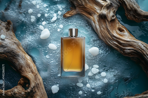 Flat lay of perfume bottle with driftwood, sea salt, and glass drops, luxury packaging