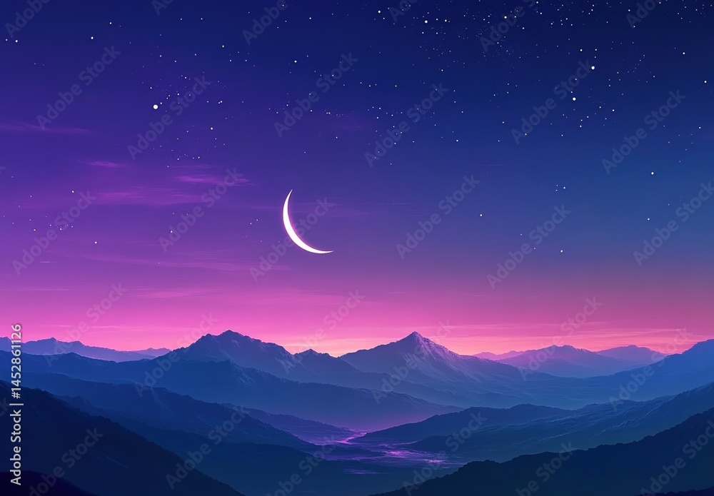 Fototapeta premium Rolling mountains under a starry night sky with a crescent moon and purple-to-blue gradient.