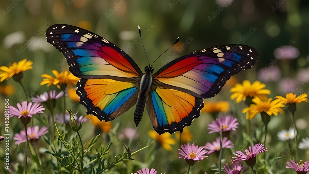 Fototapeta premium A close vibrant butterfly with wings designed like the Progress Pride flag, flying over colorful wildflowers in a meadow.