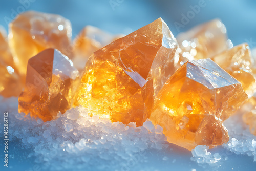 Macro shot of translucent resin stone resembling ambergris, placed on sea salt