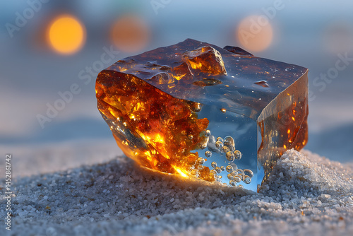 Macro shot of translucent resin stone resembling ambergris, placed on sea salt