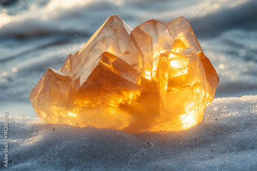 Macro shot of translucent resin stone resembling ambergris, placed on sea salt