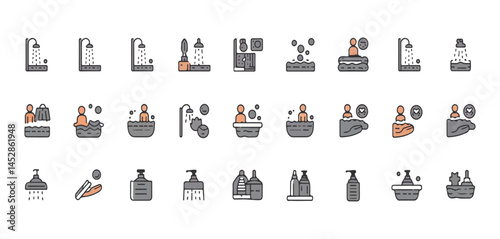 Collection of Shower and Bath Icons for Hygiene and Wellness