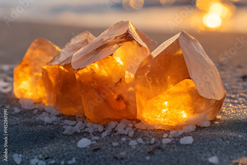 Macro shot of translucent resin stone resembling ambergris, placed on sea salt