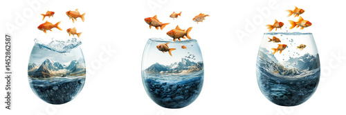 Set of Realistic photo of a small goldfish looking alarmed in a clear round fishbowl filled with steaming hot water on transparent png background. Ai generated
