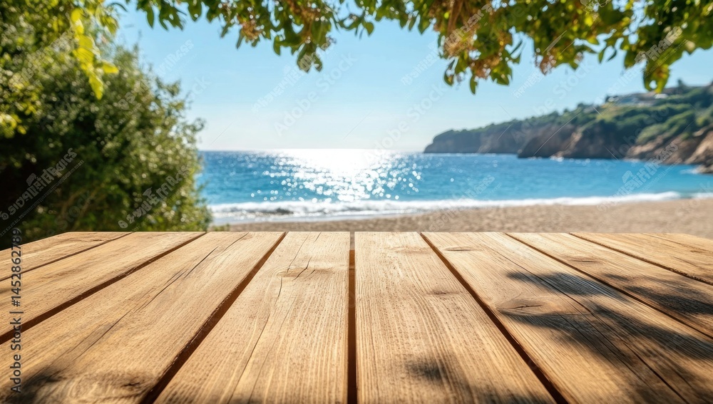 Fototapeta premium Empty wooden beach table top with ocean view