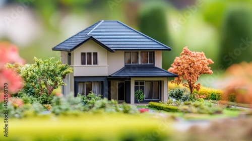 Miniature model of a house surrounded by vibrant landscaping showcasing modern residential architecture