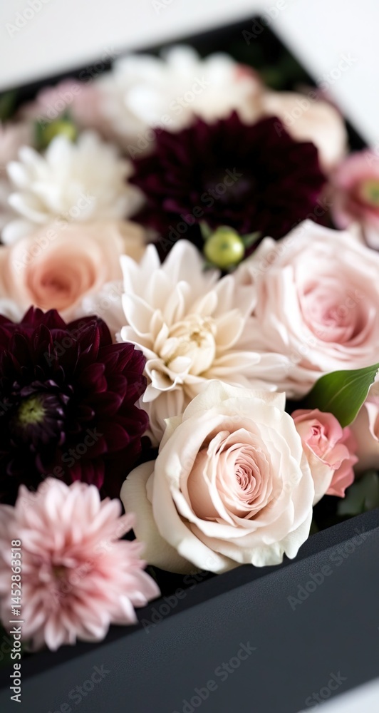 Obraz premium A box of assorted colorful flowers including roses and chrysanthemums.