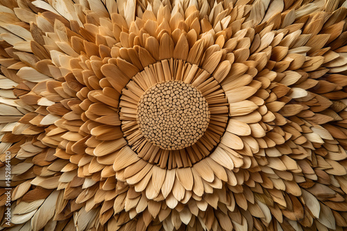 Minimal composition of dry wood fibers arranged in circular pattern, top view