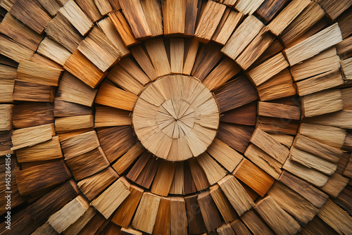 Minimal composition of dry wood fibers arranged in circular pattern, top view