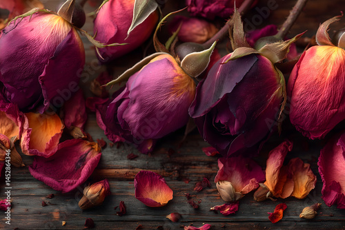 Overhead view of dried rose buds and petals in flat lay, warm natural light