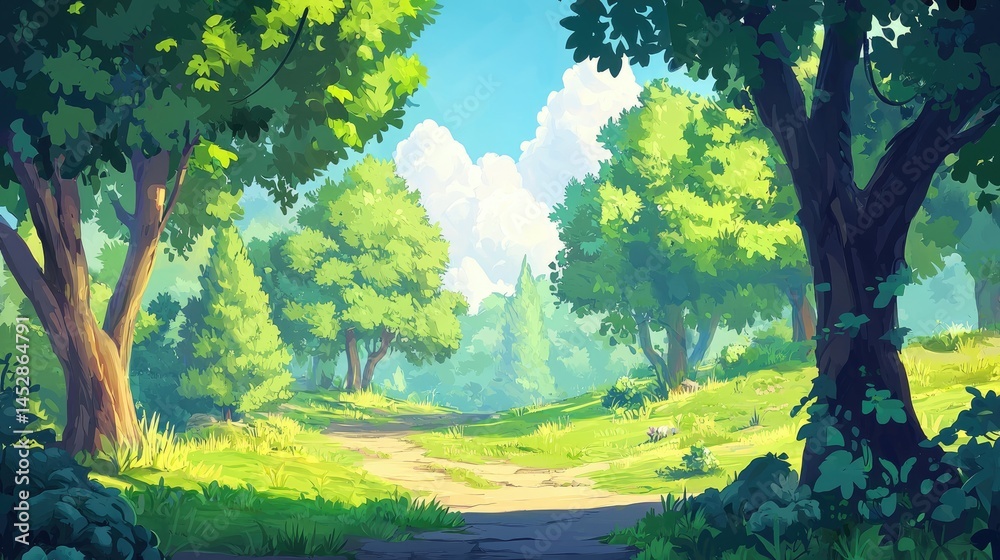 Lush forest path on a sunny day, vibrant illustration.