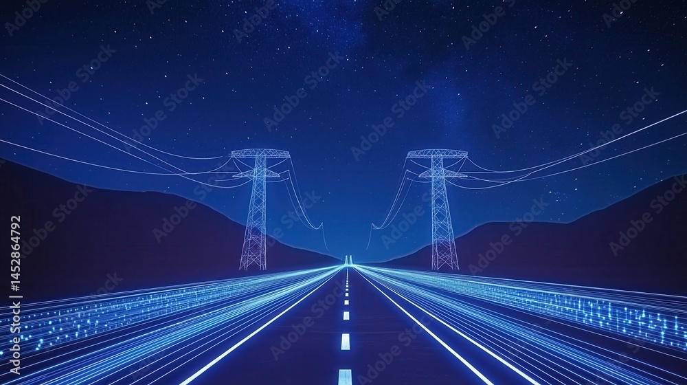 Obraz premium Futuristic Highway with Power Lines Under a Starry Night