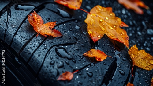 Car tire with falling autumn leaves and splashing water, macro photo, weather concept. Studio photo, Free space for text.
