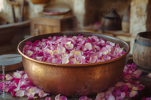 Rose oil distillation setup with petals and copper pot (no human), traditional style
